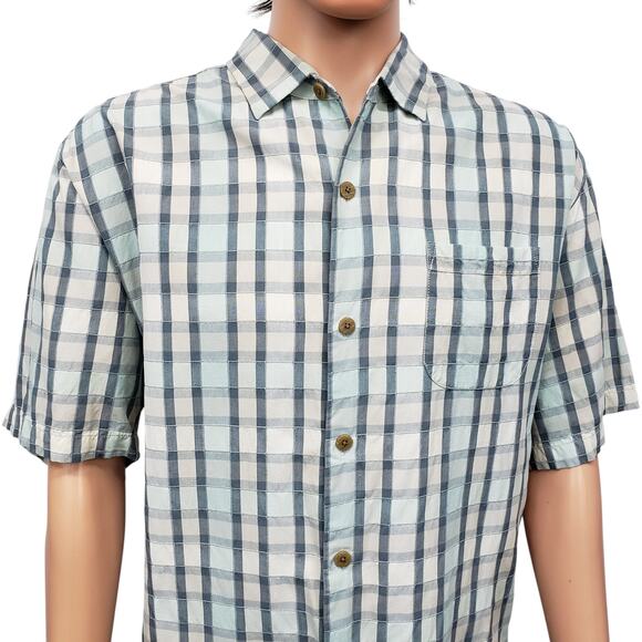 Tommy Bahama Silk Camp Shirt Men XL Blue Cream Beach Plaid Patchwork Madras - Picture 1 of 14